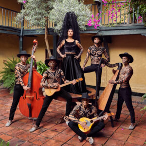One woman dressed in all black stands with her hands on her hips. Around her are five men holding various instruments