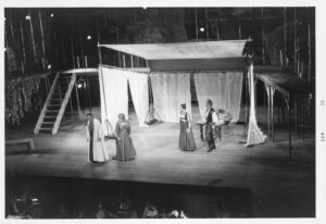 Otello actors on the Newlin Hall Stage. Black and white photograph.