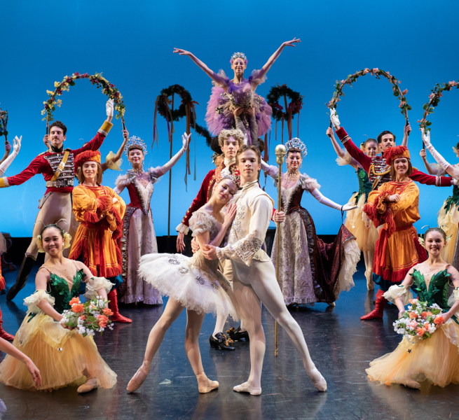 Houston Ballet II dancers in costume on stage for Sleeping Beauty