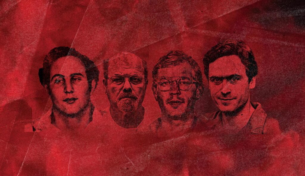 Outlines of four infamous serial killers against a crinkled red paper background