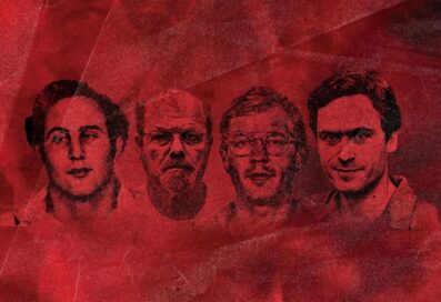 Outlines Of Four Infamous Serial Killers Against A Crinkled Red Paper Background