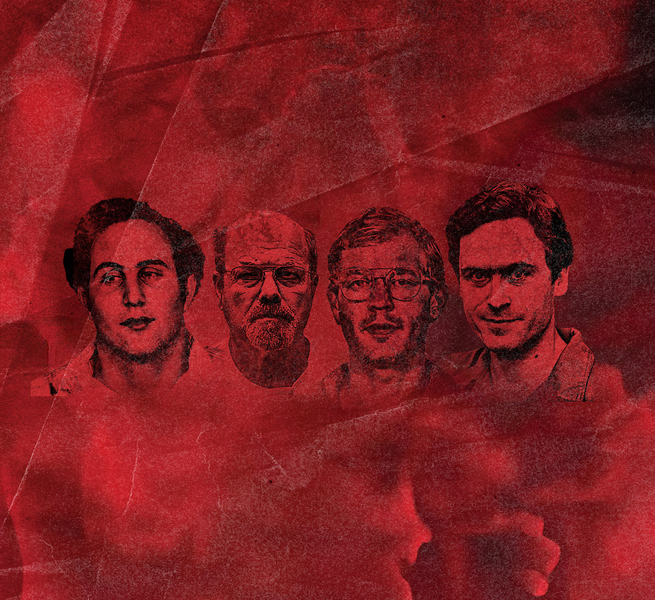 Outlines of four infamous serial killers against a crinkled red paper background