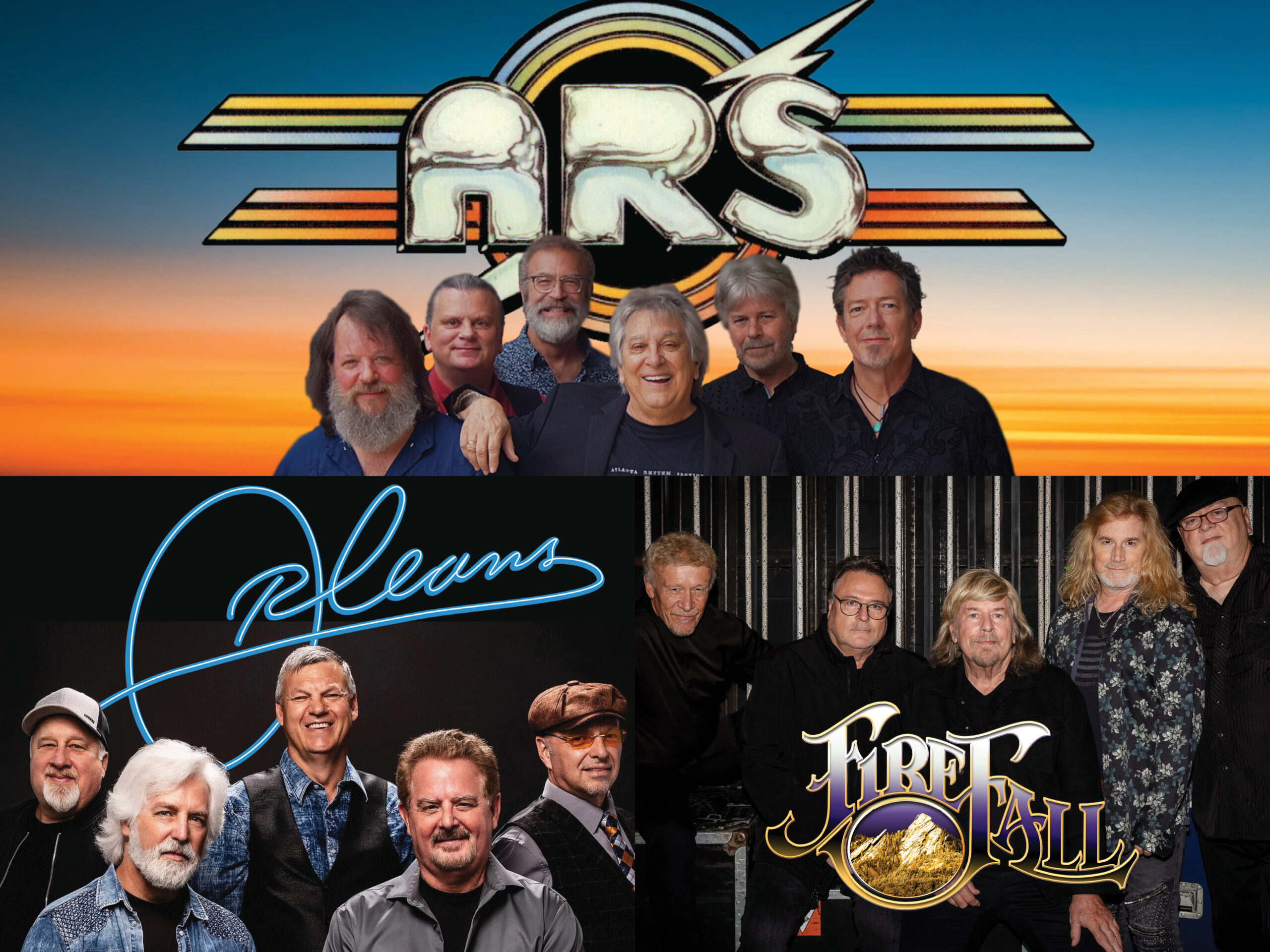 A graphic containing three photographs. The first depicts the members of the band Atlantic Rhythm Section, the second image is Orleans and the third is Firefall.