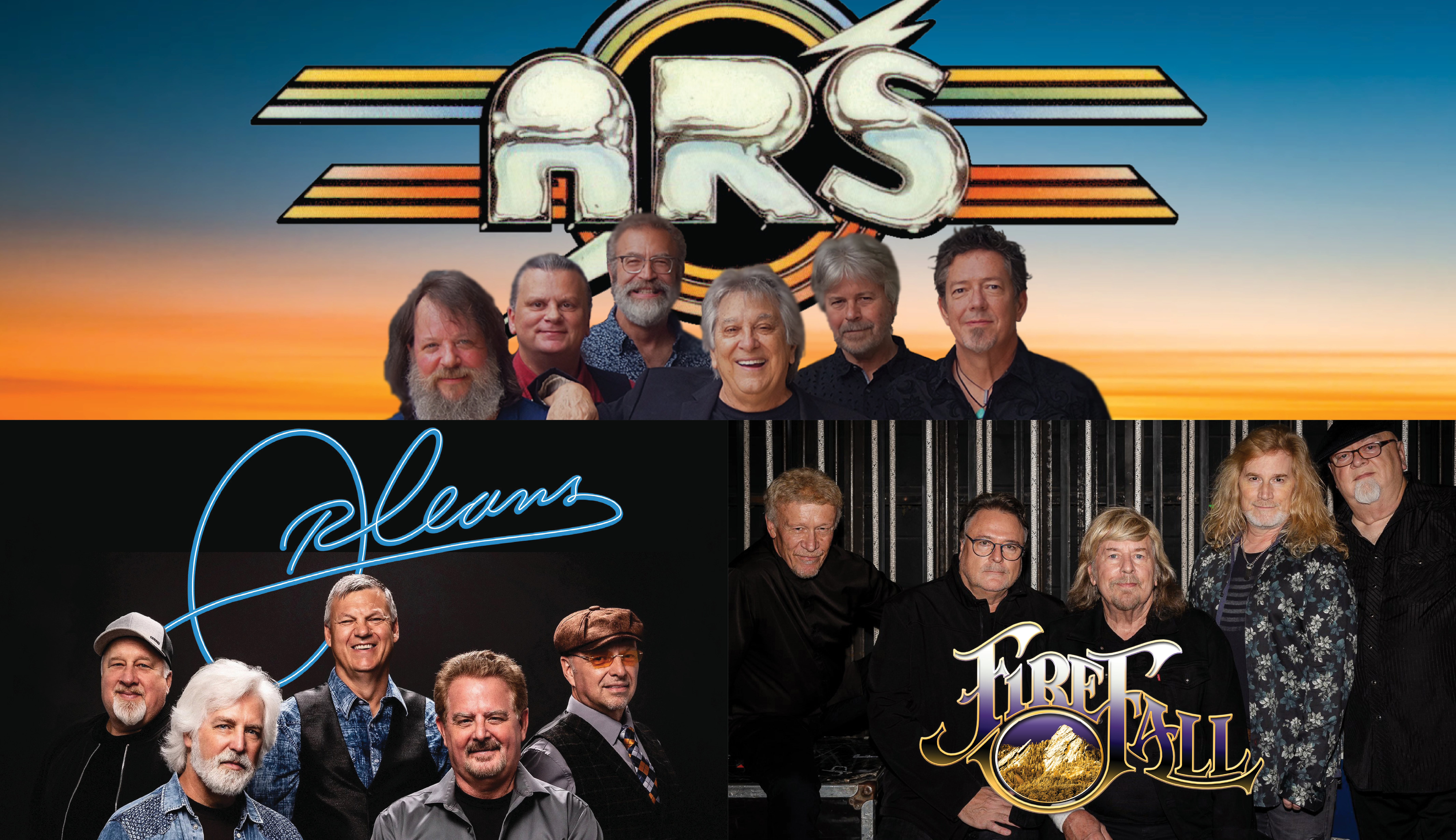 A graphic containing three photographs. The first depicts the members of the band Atlantic Rhythm Section, the second image is Orleans and the third is Firefall.